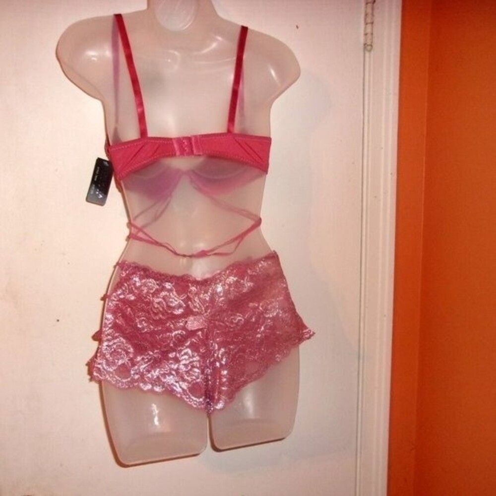Youmita Mauvewood 34B Metallic Lace Plunge Bra Small Lace Caged Boyshorts NWT - Picture 4 of 14